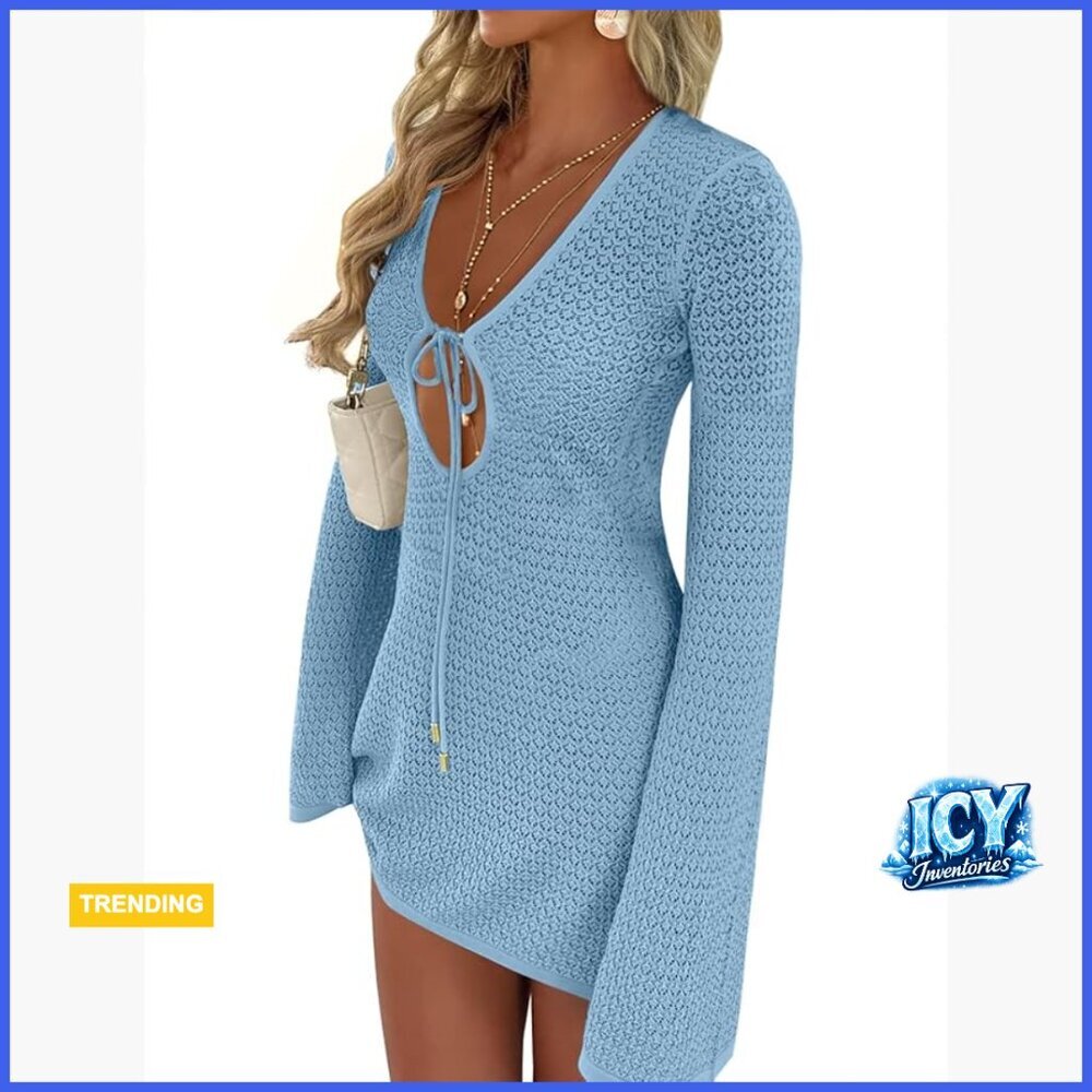 Crochet Mesh Knit Beach Cover Up Long Sleeve V Neck Swim Dress